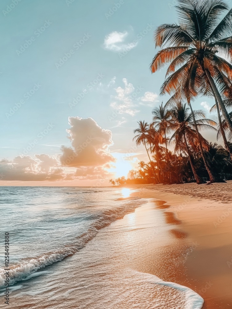 Poster sunset casting golden hues on a serene beach with palm trees along the coast. generative ai
