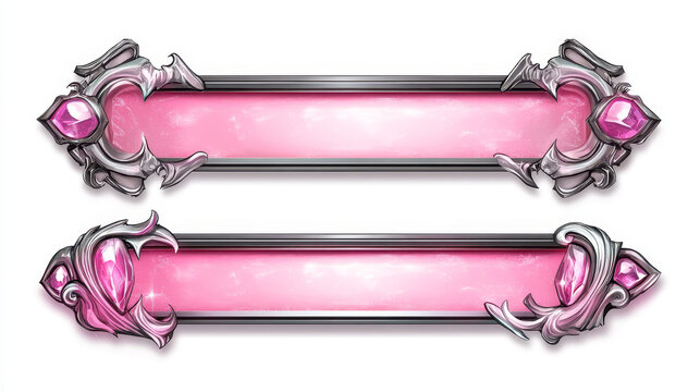 Game ui frames, pink medieval menu glossy borders, gui elements, buttons or banners with silver ornate rims and glass plaques. Empty royal gui bars for rpg or arcade interface, Cartoon vector set
