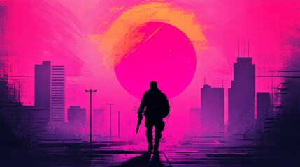 Obraz premium Silhouette of a man walking in a vibrant pink and purple cityscape at sunset.
