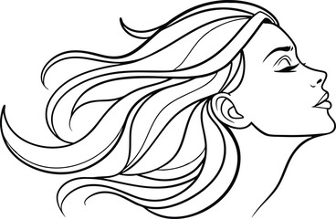 Elegant Woman Profile Drawing, Long Hair, Windblown, Black and White, Line Art, Female Face, Side Vi