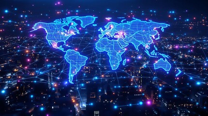 Global Network Connections Represented by World Map and City Lights