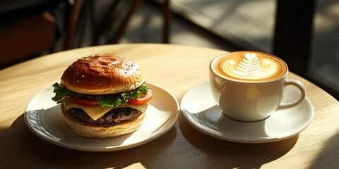 A photo of an exquisite burger on a white plate, placed next to a cup with coffee and latte art,