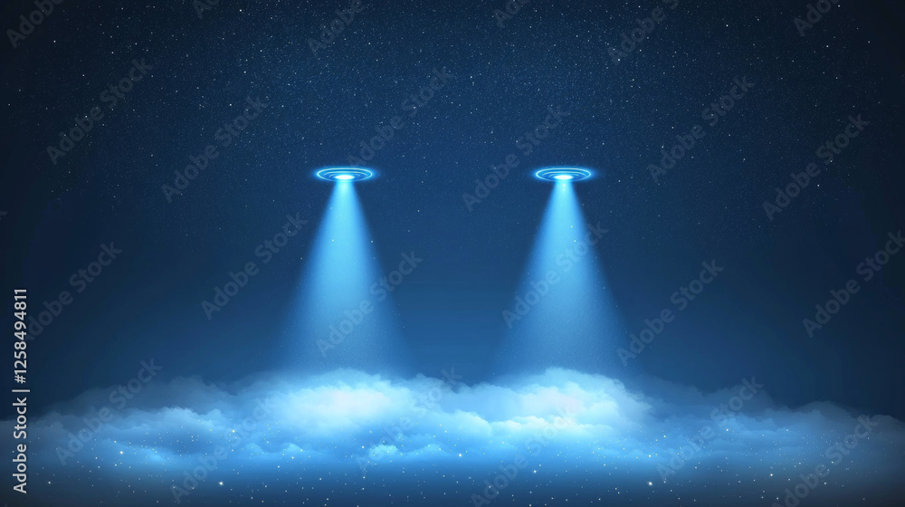 Poster ufo light beams, glowing rays from alien spaceships. vector realistic set of spotlight effect of fly