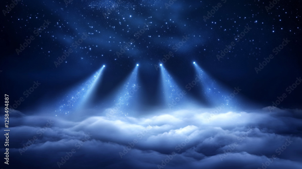 Poster ufo light beams, glowing rays from alien spaceships. vector realistic set of spotlight effect of fly