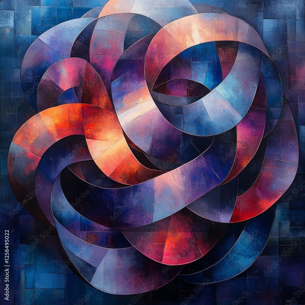 Poster abstract intertwined tapestry: a symphony of curvilinear forms in deep hues and textured layers