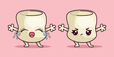 Two cute marshmallows in kawaii style. Crying and angry marshmallow character.Vector illustration