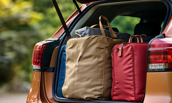 A stylish car trunk loaded with casual travel bags, showcasing a relaxed vibe, ideal for adventures, with a soft background conveying a sense of nature and leisure.