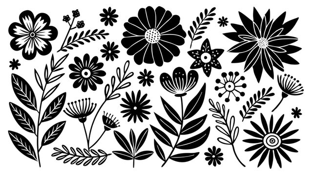 Black and White Floral Vector Pattern Illustration, Stylized black and white vector illustration of various flowers and leaves in a decorative pattern, ideal for prints, wallpapers, and graphic design