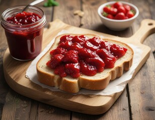 Freshly baked white bread toast topped with vibrant strawberry jam, served on a rustic wooden board, snack, breakfast, organic, delicious, homemade