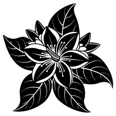 Black and White Floral Vector with Detailed Leaves, Intricate black and white vector illustration of a blooming flower with detailed leaves, perfect for tattoos, logos, and decorative designs.  
