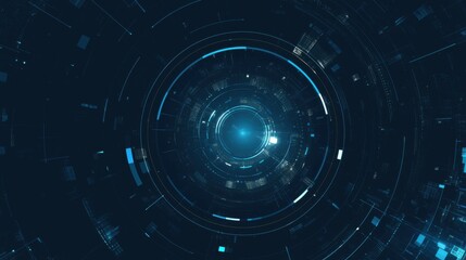 Minimalist Blue circles and lines on a dark background. Geometric design for banner template with white space in the center for text. Simple modern wallpaper with copy space.