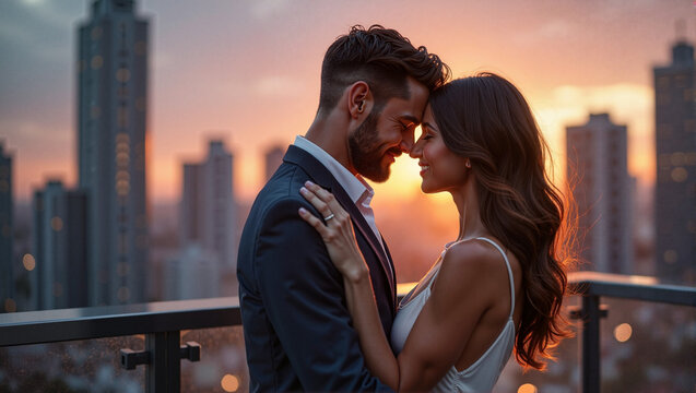 Romantic couple embracing on rooftop at sunset - Powered by Adobe