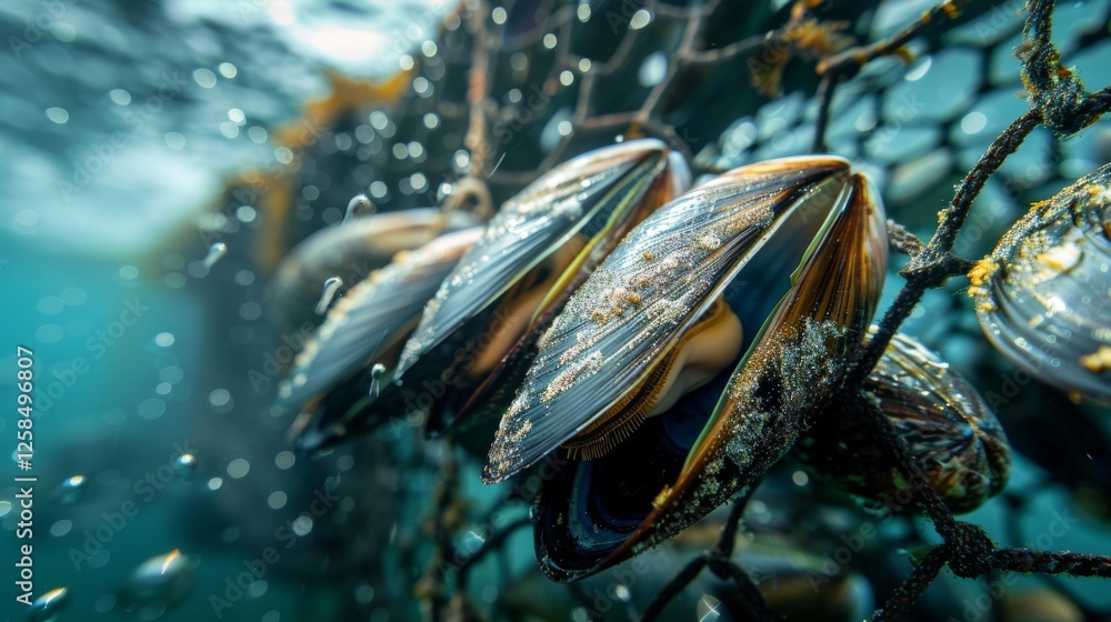 Poster mussels cluster on a fishing net beneath the surface in a clear, serene body of water while bubbles 