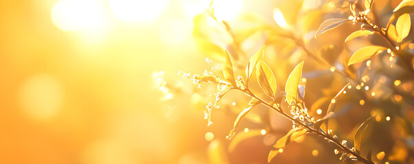 Fototapeta premium Golden Sunlight Illuminates Vibrant Green Leaves and Delicate White Blossoms in a Tranquil Natural Setting