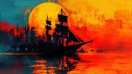 Fototapeta premium Silhouette of a sailing ship at sunset, creating a dramatic and fiery scene.