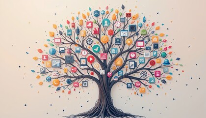 Digital knowledge tree office infographic art creative space aerial view conceptual visualization