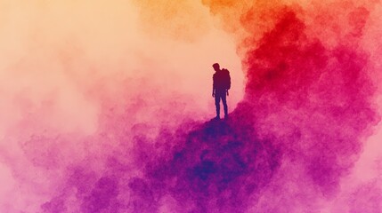 Silhouette of a man with a backpack standing on a peak, bathed in vibrant watercolor hues of pink, purple, and orange. A journey of achievement and exploration.