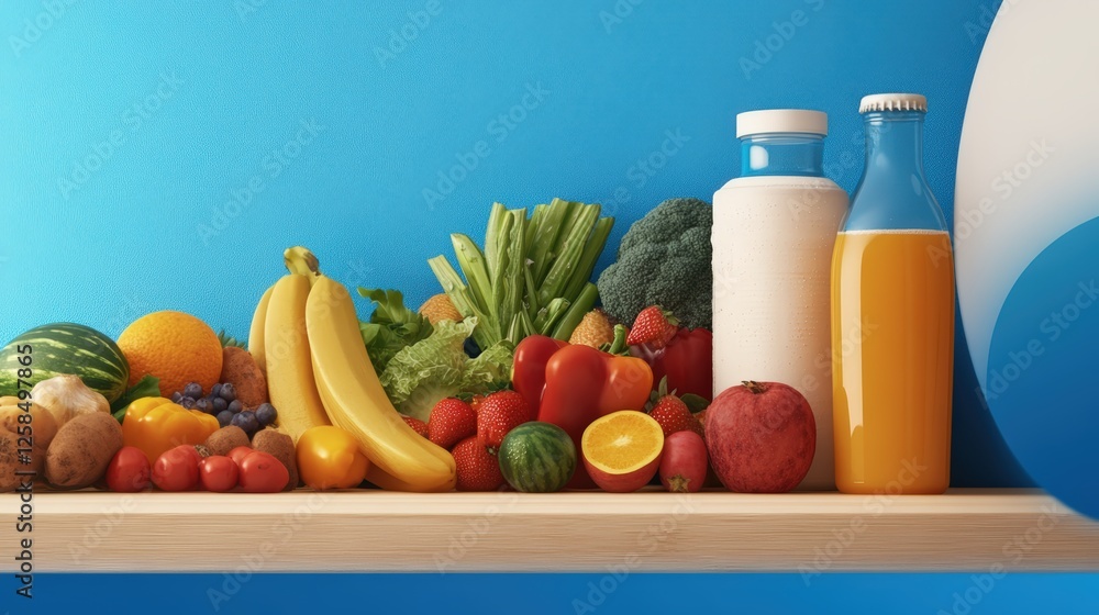 Poster assorted fruits and vegetables arranged on a table with a well-stocked refrigerator in the backgroun