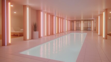 Fototapeta premium Serene indoor pool in a minimalist setting. Soft pink walls and lighting create a calming atmosphere.