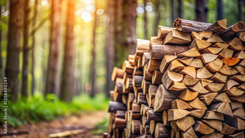 Poster a neat stack of firewood logs rests in a sun-dappled forest setting