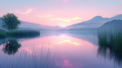 A serene lake that reflects far-off mountains and a radiant pink sky an area by a lake placid elegance  lovely hue and space, Generative AI.
