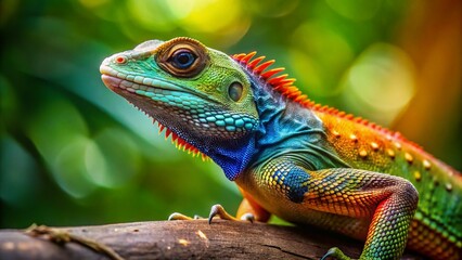 Fototapeta premium Vibrant Colored Lizard Posing on Branch, Copy Space Left