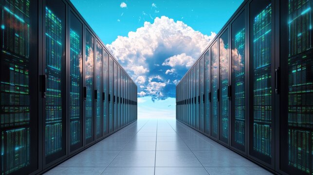Hypervisor Bandwidth concept. A futuristic data center with cloud reflections and advanced servers.