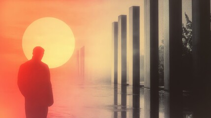 Silhouette of a man standing before tall pillars at sunset. Warm, orange hues dominate the scene, creating a contemplative mood.