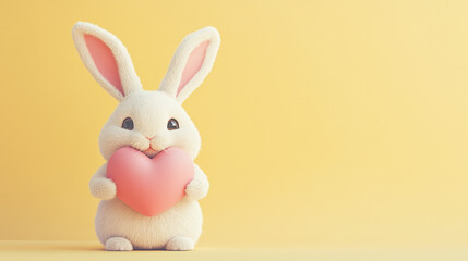 Obraz premium Valentines day cartoon bunny holding pastel pink heart on light yellow background, banner design with copy space for text.