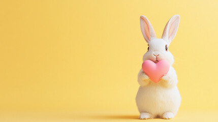 Obraz premium Valentines day cartoon bunny holding pastel pink heart on light yellow background, banner design with copy space for text.