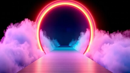Neon lights illuminate a walkway leading to a glowing circular portal, surrounded by ethereal pink and blue clouds.