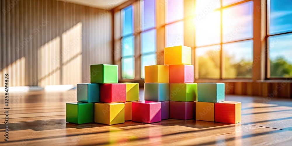 Aufkleber Colorful blocks arranged in a playful structure bathed in sunlight near a large window in a bright room