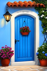 Fototapeta premium Charming Mediterranean Blue Door with Vibrant Floral Arrangements