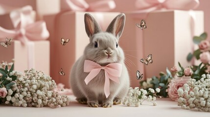 A delightful bunny, adorned with a charming pink bow, playfully frolics among vibrant flowers and fluttering butterflies in a whimsical, pastel-colored paradise