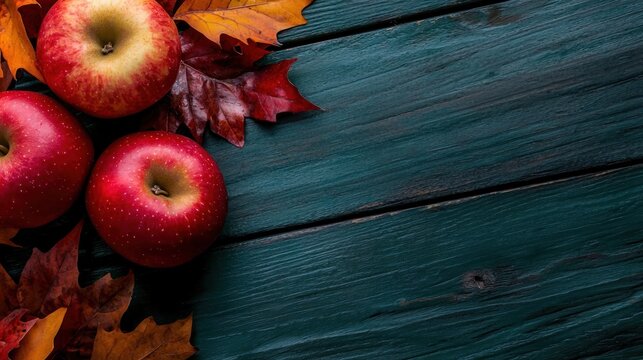 Autumn apples on wood, fall leaves background, harvest concept, food blog