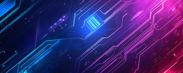 Abstract Futuristic Technology Background with Glowing Neon Lines and Circuit Board Design