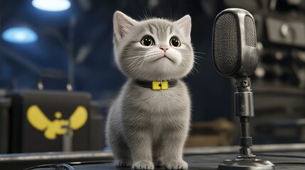 Curious gray kitten sits by microphone in a dimly lit studio, ready to engage in a broadcast or recording session