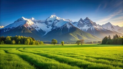 Obraz premium Serene Spring Meadow with Majestic Snow-Capped Mountains at Sunrise