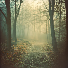 Naklejka premium Mysterious path winding through foggy forest at dawn