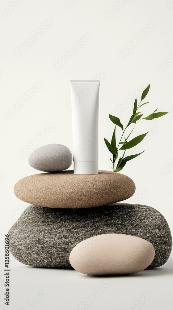 Poster elegant display of skincare product with smooth stones and greenery on minimalistic background in a 
