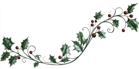 A decorative holly corner design with leaves and berries curving elegantly into the page.