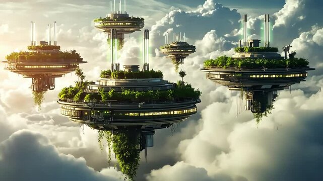 Futuristic floating cities with lush greenery above the clouds. 4K video