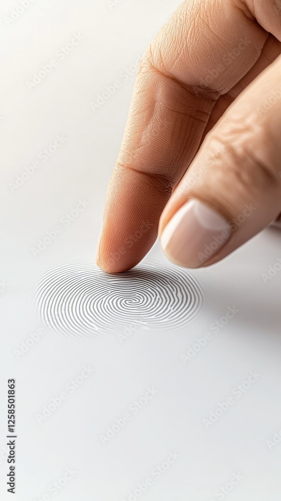 Poster close-up view of a finger pressing onto a spiral fingerprint pattern on a smooth white surface in a 