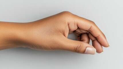 Elegant hand gesture showing a relaxed pose against a neutral background highlighting skin texture and nail care details