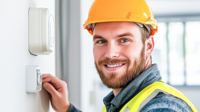 Technician adjusting thermostat at home indoor setting professional environment - Powered by Adobe