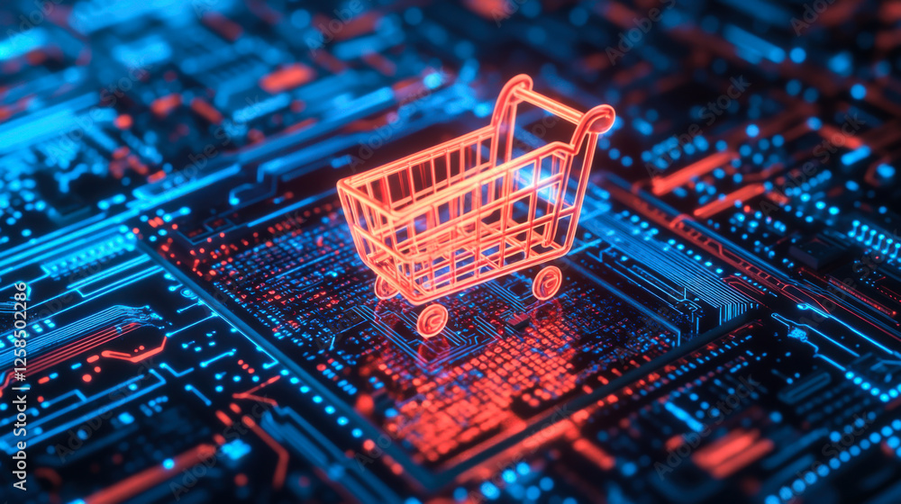 Poster digital shopping cart illustration on abstract circuit board background with glowing elements and vi