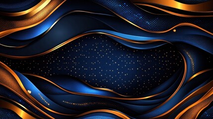 Abstract dark blue and gold wavy background.