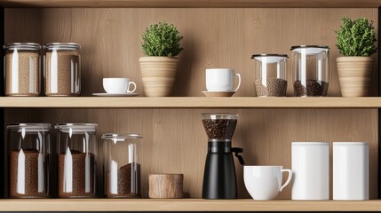 Shelf display of various coffee and tea accessories in a cozy coffee shop environment