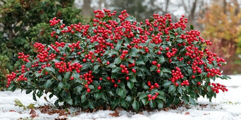 A dense holly bush covered in vibrant red berries, photographed in a snowy garden setting.