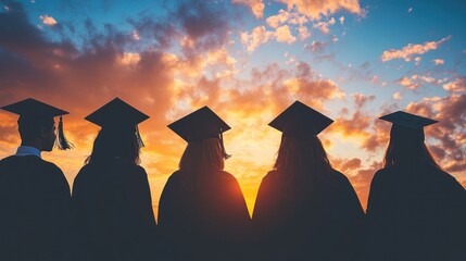 Graduates Silhouetted Sunset Caps Gowns Vivid Sky